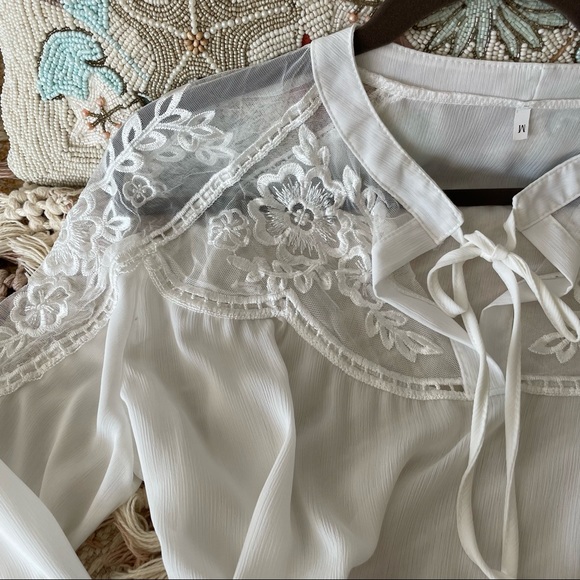 Sheer Bell Sleeve V-neck Tie Blouse - Picture 3 of 7